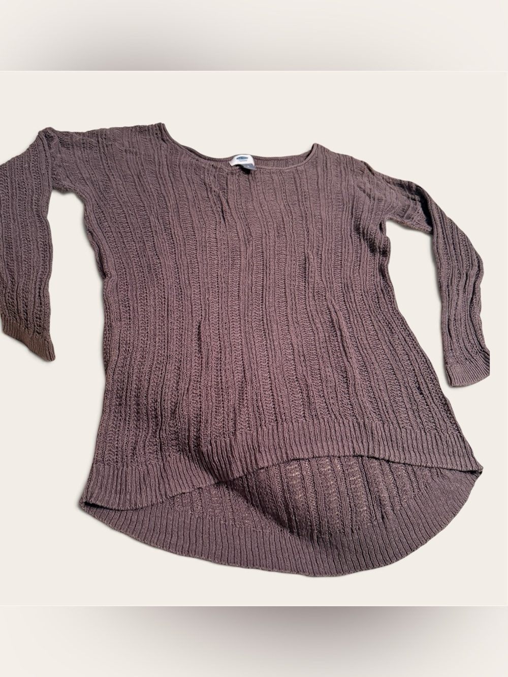 Old Navy Open Weave Knit Mocha Brown Long Sleeve Fitted Sweater High Low Hem M